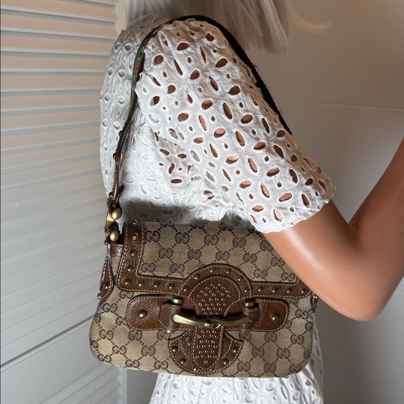 Gucci GG monogram studded horse bit web shoulder bag